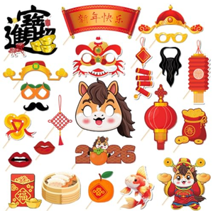 4 x 24PCS Chinese New Year Photo Booth Props,Chinese New Year Decoration 2026,Lunar New Year Decorations,Horse Year Paper Photo Props for Spring Festival Lunar New Year Present Game Party Supplies