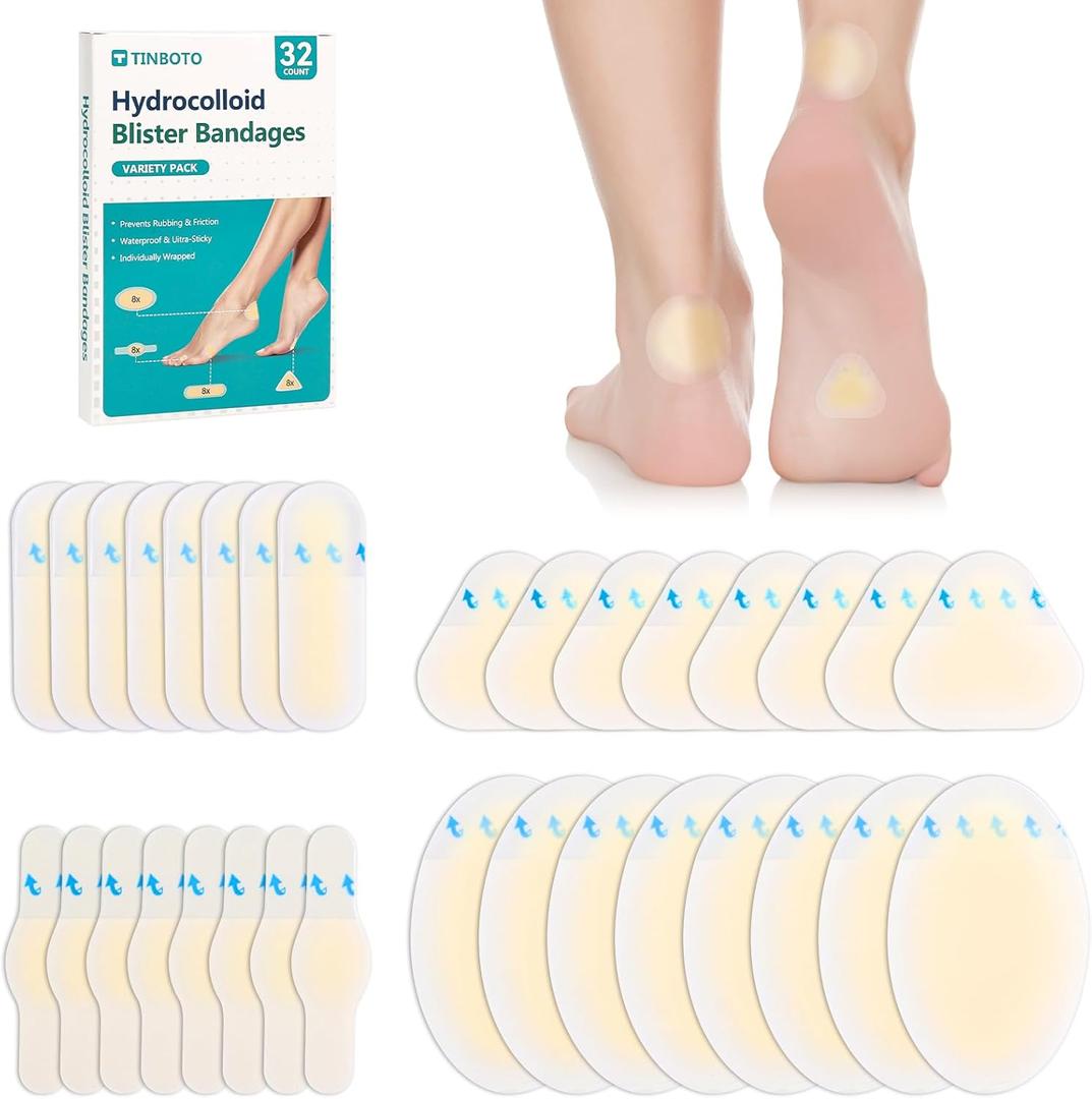 32PCS Hydrocolloid Blister Bandages for Feet Waterproof Hydrocolloid Bandages, Gel Blister Pads for Heel & Toe, Blister Cushions for Prevention & Faster Recovery (Variety Pack)