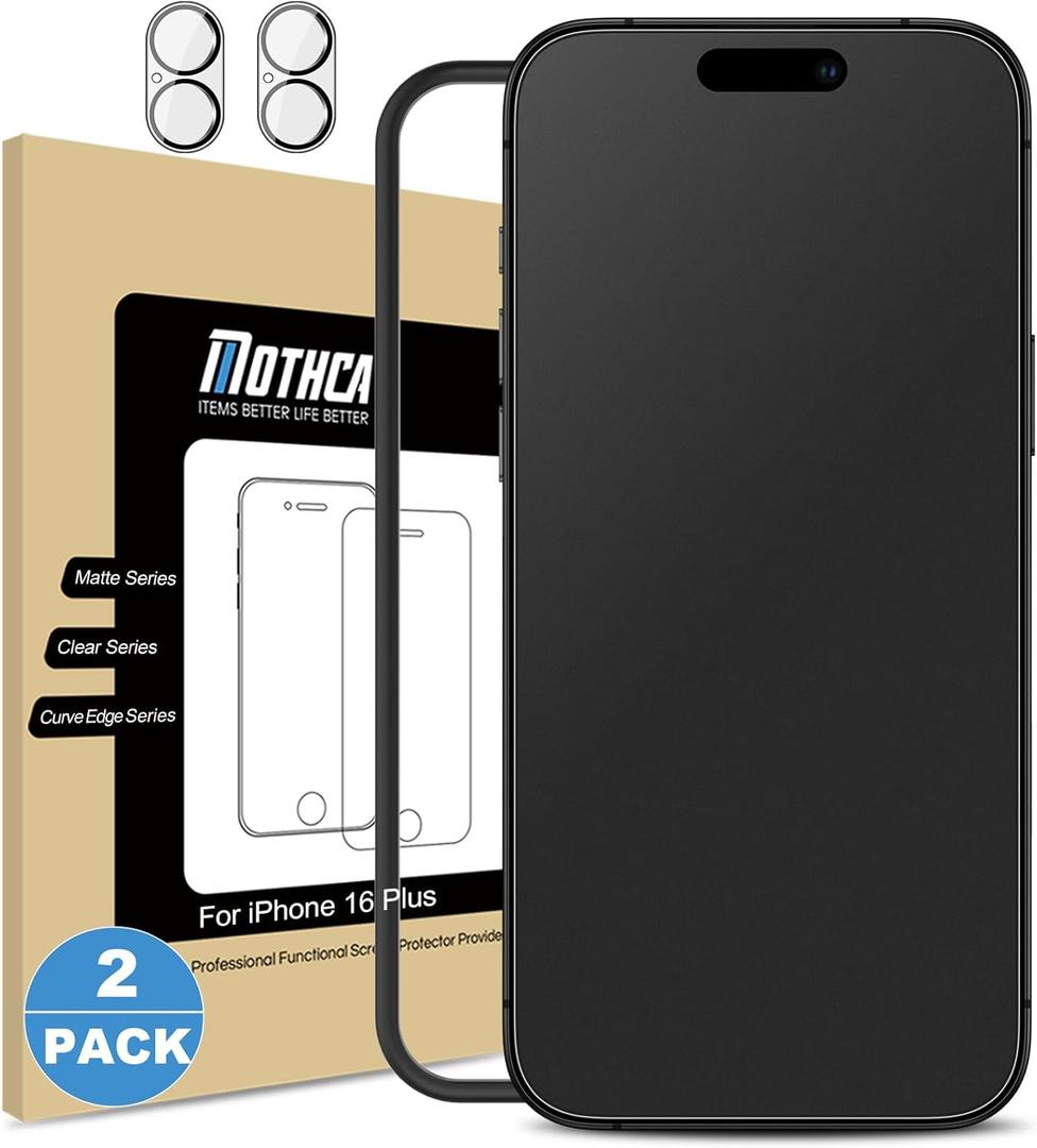 Mothca 2 Pack Matte Glass Screen Protector for iPhone 16 Plus [6.7 inch] + 2 Pack Camera Lens Protector, AntiGlare & AntiFingerprint Case Friendly Tempered Glass Film, Bubble Free, Smooth as Silk