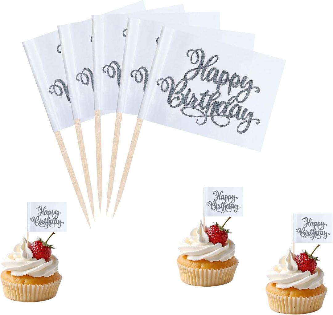Silver Happy Birthday Cupcake Topper Flags Banner Mini Small Happy Birthday Toothpick Stick Flags Celebrating Happy Birthday Anniversary Cake Party Theme Decorations(100Pcs)