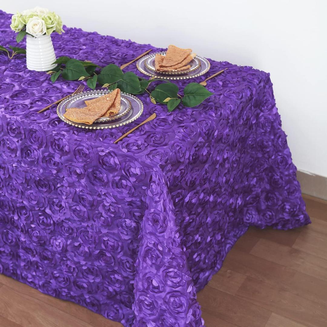 B-COOL Purple Rosette Tablecloth 60x102 Inch Satin 3D Floralr Romantic Party Table Fabeic for Wedding Bridal Shower Birthday Rectangle Table Decoration