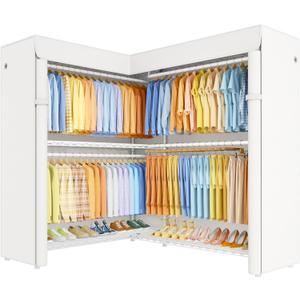 ULIFHOME E15C Max Garment Rack L Shaped Clothes Rack for CornerFreestanding Clothing Racks for Hanging ClothesHeavy Duty Closet System 57"W x 15.8"D x 78.4"HWhite Rack with White Dustproof Cover