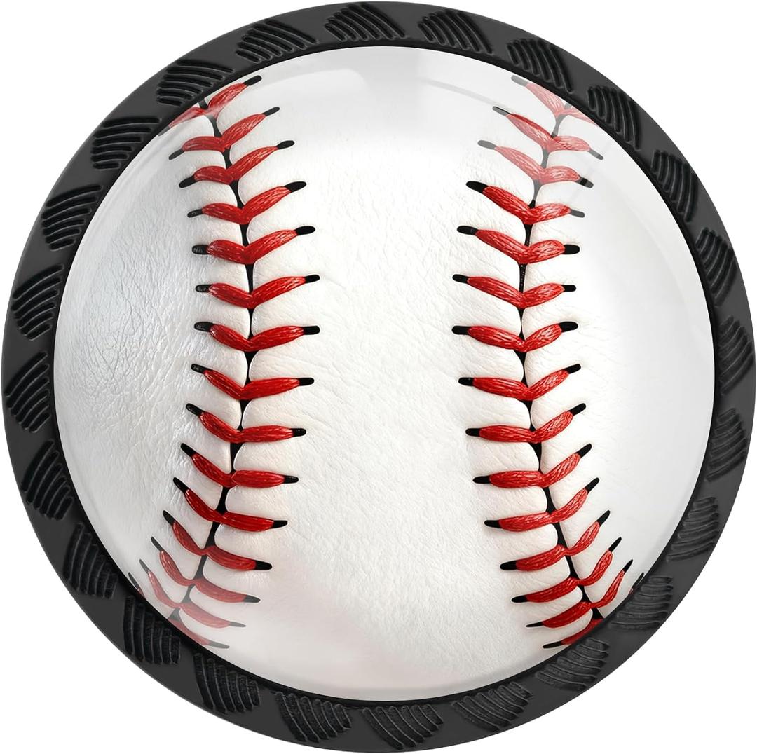 4 Pack Baseball Cabinet Knobs Round Sport Themed Drawer Pulls Black Dresser Knob Cupboard Door Handles Hardware for Kitchen Bathroom Cabinets