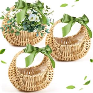Taiyin Rattan Flower Girl Basket Small Half Moon Straw Wicker Basket with Handle Ideal for Wedding Flower Girl,Picnic,Garden Storage and Home Decor (Green Ribbon)