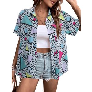 80s 90s Outfits for Women Retro Theme Party Disco Shirt 80s Hawaiian Shirt Neon Button Down Short Sleeve Blouse Tops