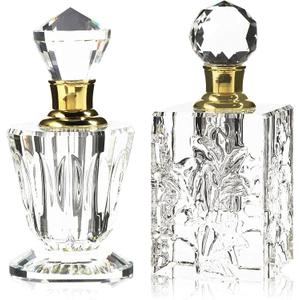 Okuna Outpost Crystal Glass Perfume Bottle Set - Refillable Perfume Bottles for Fragrance & Oils - Boudoir Props - Pack of 2, Transparent Glass, Round
