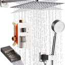 Brushed Nickel Shower Tub Faucet Set, Wall Mounted 10 Inch Shower Heads with Handheld Spray Combo and Tub Shower Faucet, Luxury Bathroom Square Rain Shower System - 4 Hooks