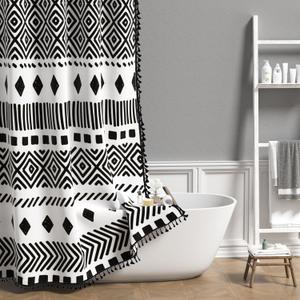 AOFOTO Bohemian Shower Curtain Black and White Geometric Design Shower Curtains with Black Tassel Boho Pattern Shower Curtains for Bathroom Waterproof Fabric Bath Curtain Sets with Hooks 47x70 Inches