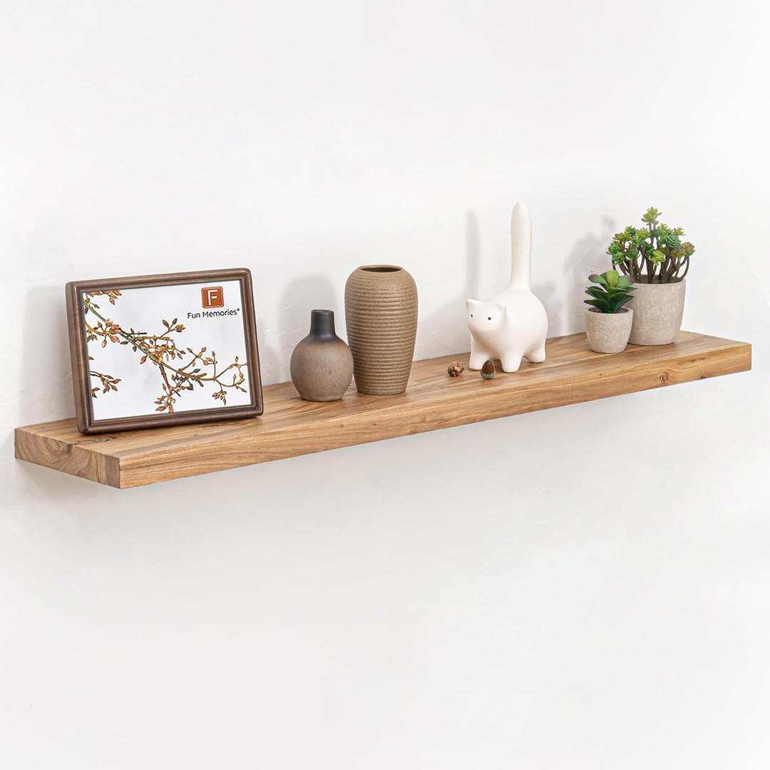 Fun Memories 42" Floating Shelves for Wall, Rustic Solid Elm Wood Floating Shelves - Invisible Bracket Mount, Extra Long Wall Mounted Shelf for Living Room, Bathroom, Bedroom, Kitchen, Natural