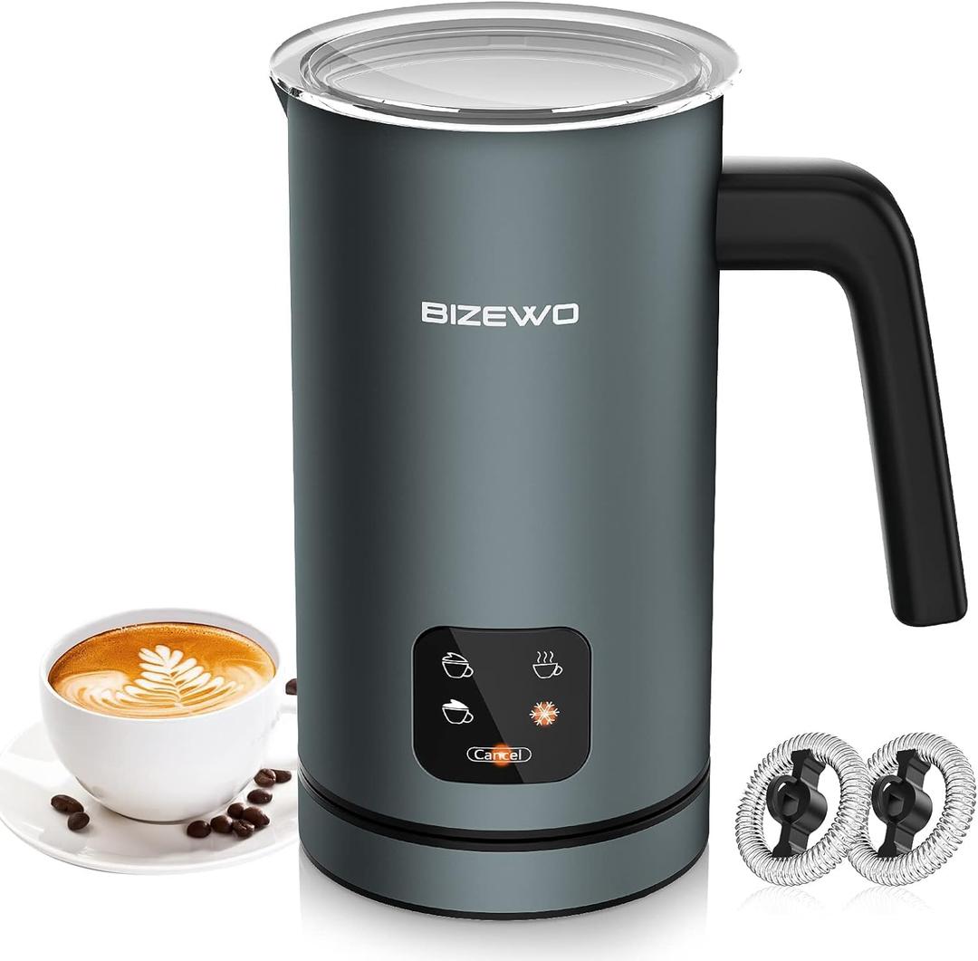 BIZEWO Milk Frother Electric, Warm and Cold Milk Steamer, 4 IN 1 Automatic Milk Warmer Stainless Steel with Touch Screen for Coffee, Latte, Macchiato, Cappuccino, Hot Chocolate (Gray)