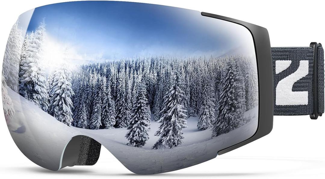 ZIONOR X4 Ski Goggles Magnetic Lens - Snowboard Goggles for Men Women Adult - Snow Goggles Anti-fog UV Protection (A3-vlt 10.5% Black Frame Revo Silver Lens)