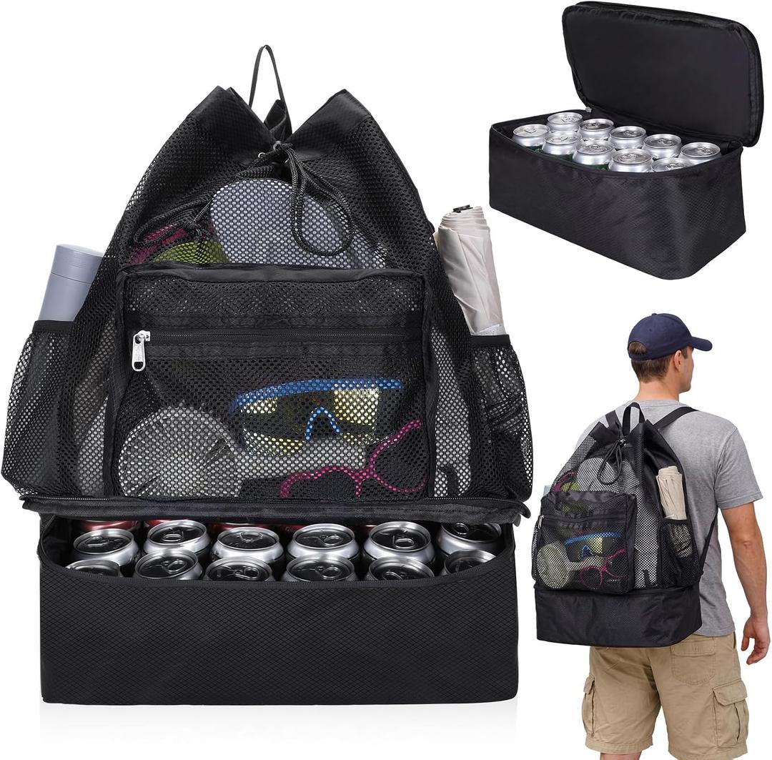 Mesh Beach Drawstring Backpack with Cooler Beach Bags Sandproof Swim Bags Leakproof with Zipper for Seaside Pool Travel
