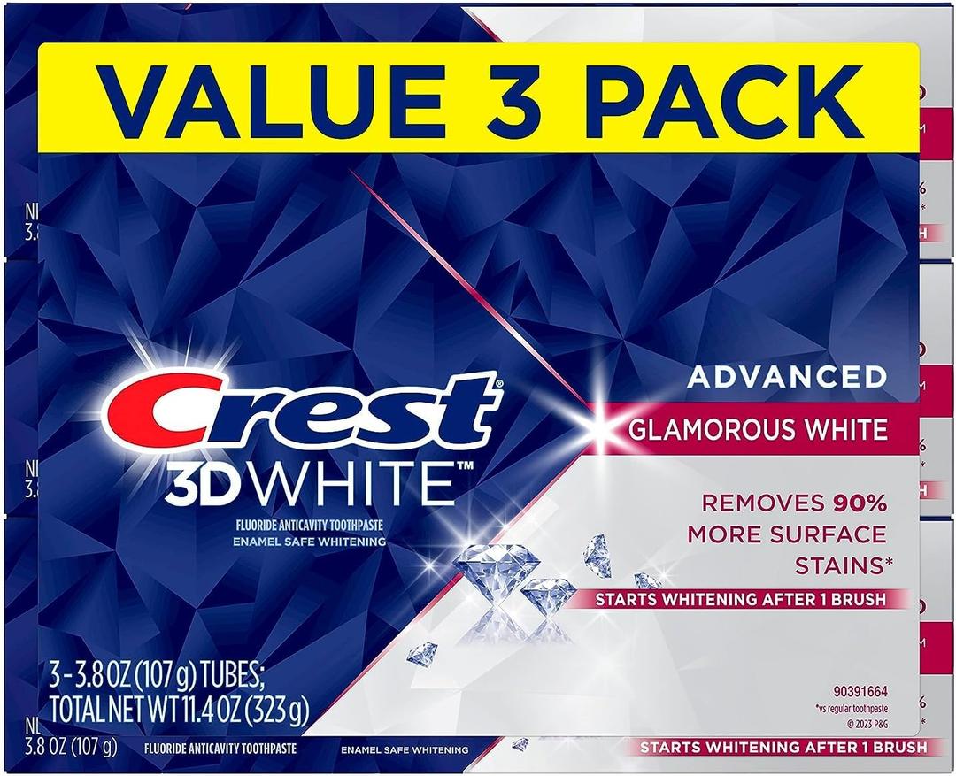 Crest 3D White Advanced Glamorous White Teeth Whitening Toothpaste, 3.8 oz, Pack of 3