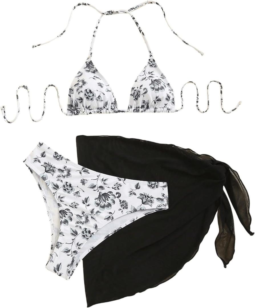 SHENHE Women's 3 Piece Floral Bikini Set with Wrap Coverup Halter Triangle Swimsuits (Black and White)