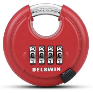 DELSWIN Outdoor Combination Padlock - 4 Digit Heavy Duty Disc Lock with Hardened Shackle,Combo Padlock for Gate,Storage Unit,Fence(25/64" Shackle, Red,1Pcs)