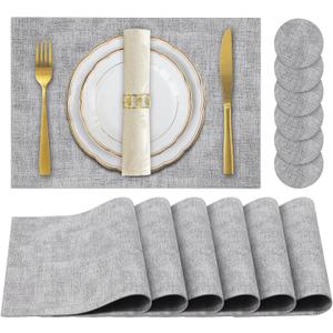Faux Leather Placemats Set of 6,Heat Resistant Placemats for Dining Table, Easy Clean Non-Slip Place Mats, Waterproof Stain Resistant Wipeable Washable PU Table Mats, (Light Grey)