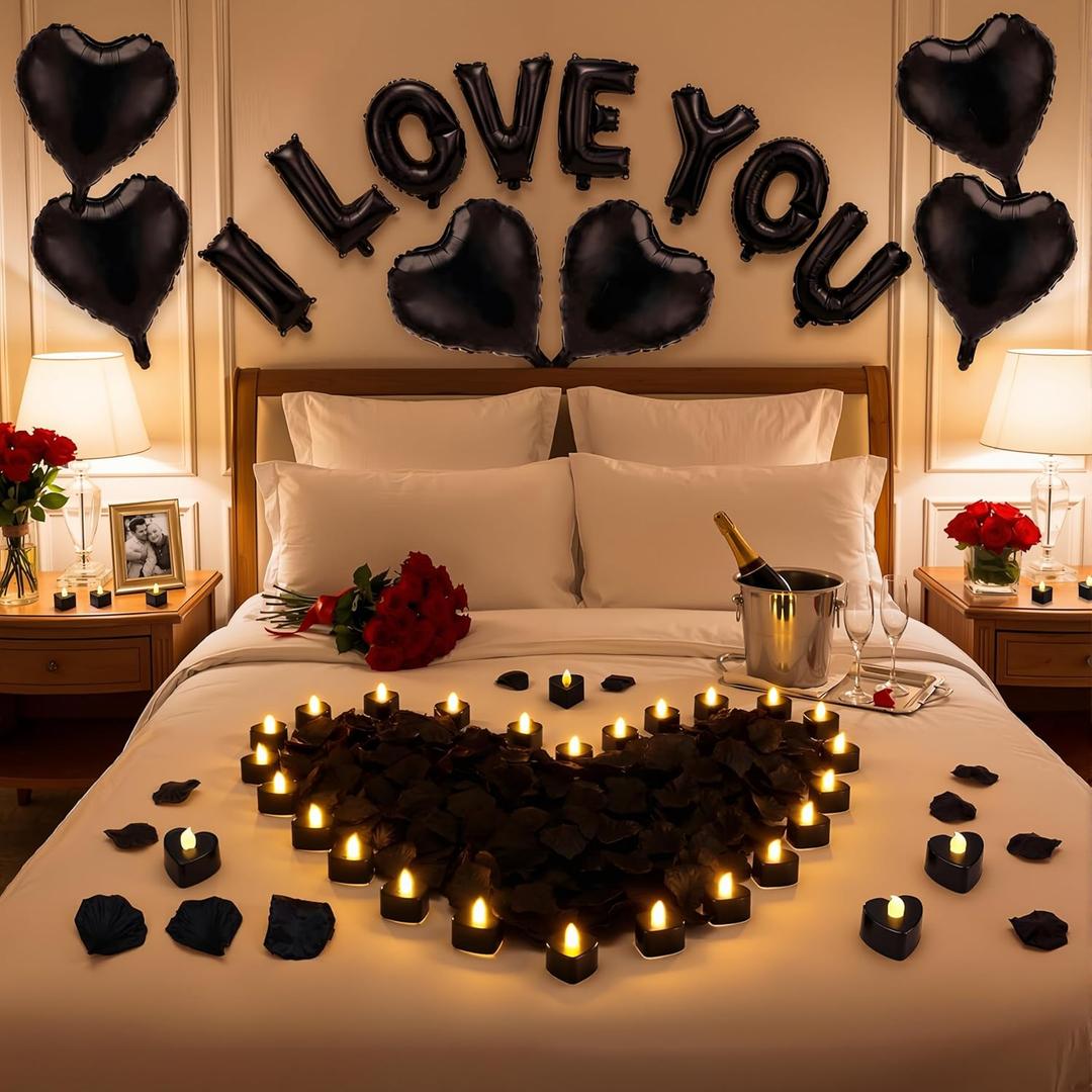 Seematn Black Valentine's Day Balloons Kit with 16 Inch I Love You Letter Banner 6 Pcs18 Inch Heart Balloons 24 Pcs Flameless Candles 2000 Pcs Fake Rose Petals for Galentines Party Bridal Shower Decor