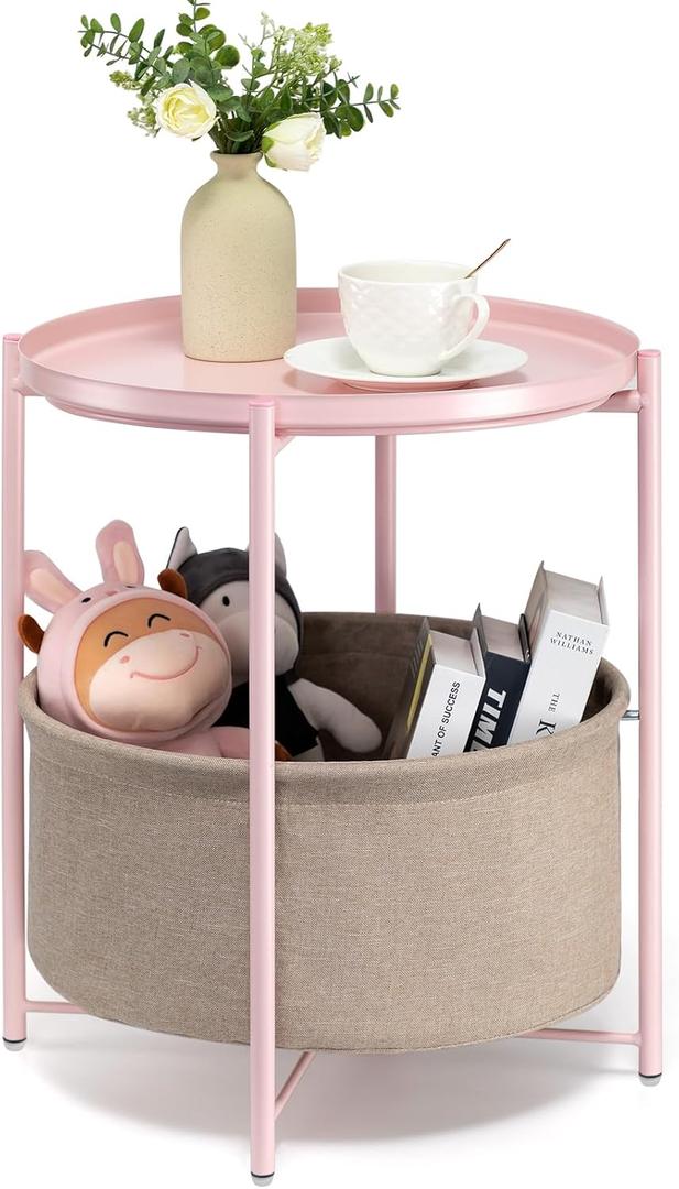 danpinera Round Side Table with Fabric Storage Basket, Metal Side Small Bedside Table Nightstand with Removable Tray Top for Living Room, Bedroom, Nursery, Laundry, Pink