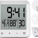 Waterproof Shower Clock with Timer, Bathroom Wall Clock Displaying Temperature, Date & Day, Battery Operated LCD Digital Clock for Bath, Kitchen (White)