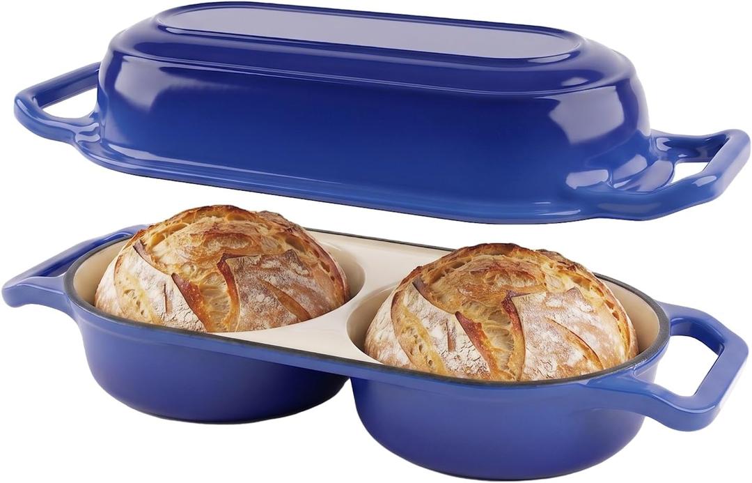 Double Dutch Oven Pot with Lid, 2.2QT Enameled Cast Iron Bread Loaf Pan, Mini Dutch Oven For Sourdough Bread Baking, 500F Oven Safe Non Stick Dual Round Bread Pan, Bread Oven, 16.5cm Diameter, Blue