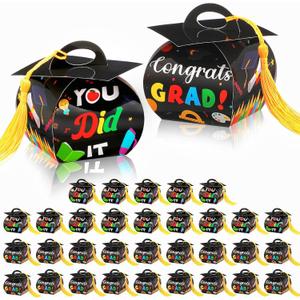 Outus 30 Pcs Graduation Cap Candy Boxes Congrats Grad Gift Box with Gold Tassel Graduation Party Favor Boxes for Class of 2026 Preschool Kindergarten Kids Party Supplies Decoration