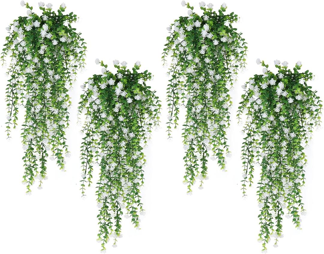 SJL 4pcs Fake Hanging Plants Realistic Artificial Outdoor Flowers Hanging Greenery Artificial Ivy Vine Leaves Faux Green Plastic Plants Greenery Flowers Green Leaf Decor for Wall Home (White)