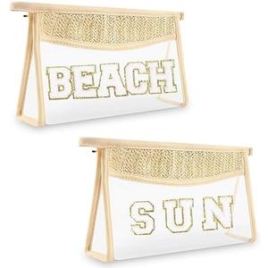 2 Pcs Boho Straw Clear Makeup Letter Beach Pouch, Sunscreen Bags for Travel, Small Cute Chenille SPF Bag, Waterproof Toiletry Sun Pouch, Accessories for Women (BEACH+SUN)