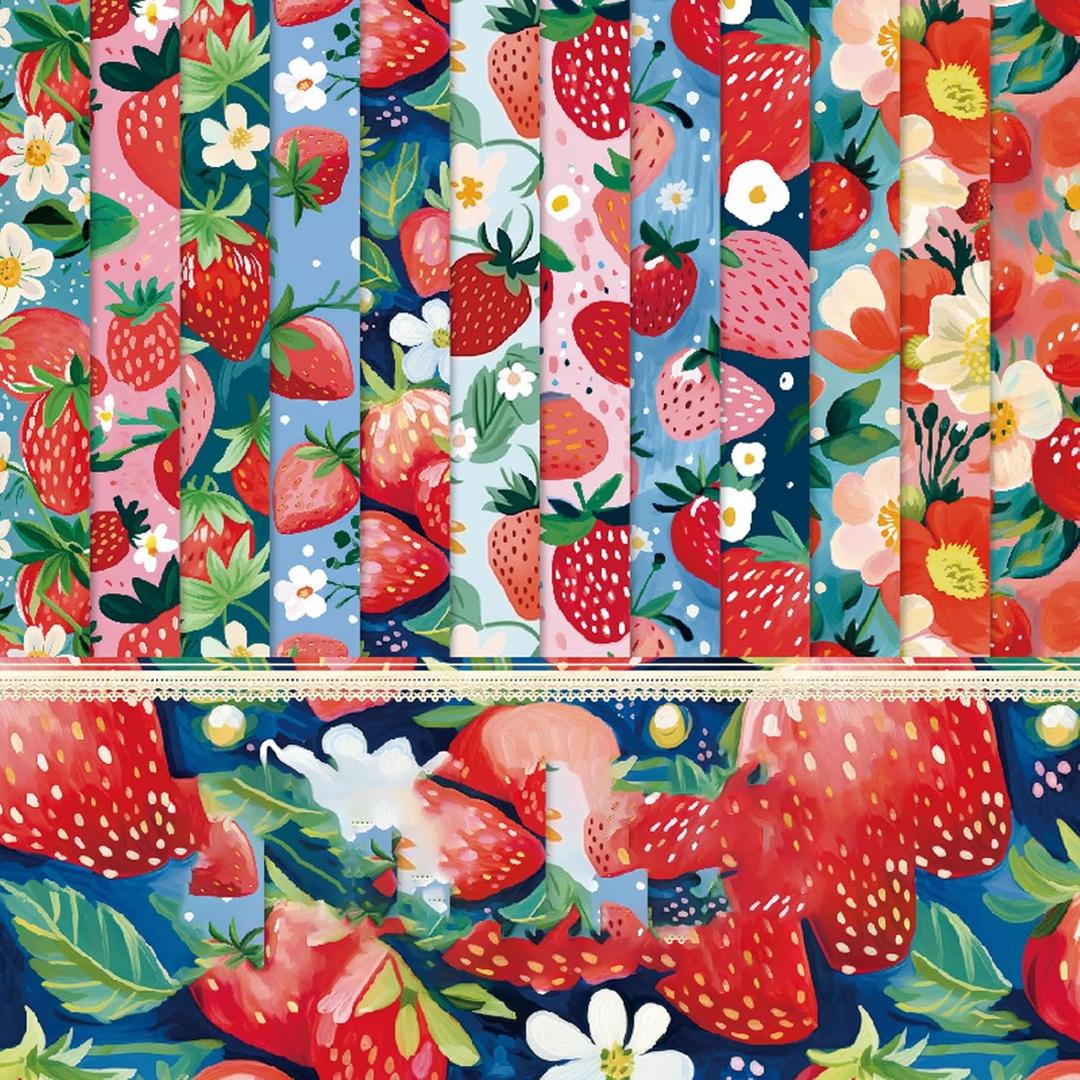 48 Sheets 6'' x 6'' Scrapbook Paper, 12 Designs Strawberry Scrapbook Paper Pad, Fruit Theme Pattern Decoupage Paper for Card Making Folded Card Supplies Journals DIY Crafts Photo Album