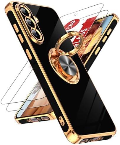 LeYi for Samsung Galaxy A56 5G Case: with 2 Pack Tempered Glass Screen Protector and 360° Rotatable Ring Holder Magnetic Kickstand, Plating Rose Gold Edge for Galaxy A 56 5G Case, Black