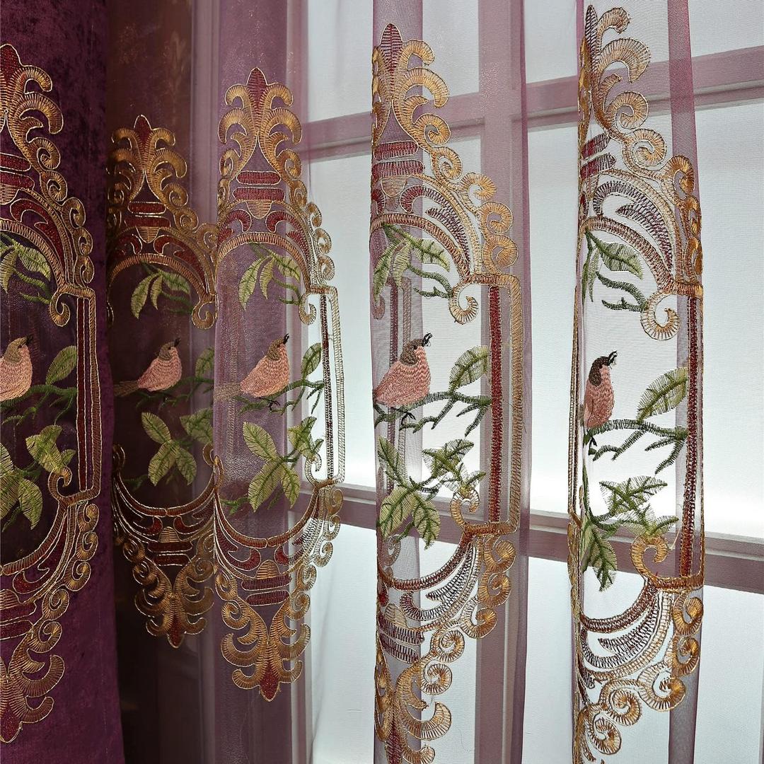 SLOW SOUL Set of 2 Panels Embroidered Birds Sheer Curtains for Living Room Bedroom Dining Room Curtains & Drapes High-end Curtain with Rod Pocket Purple Tulle 49W X 102L inch