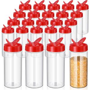 Zhehao 24 Pieces Plastic Spice Containers Plastic Spice Bottles Clear Reusable Large Empty Seasoning Jars with Shaker Lids for Kitchen Storage Seasoning Powder Herbs(16 oz,Cylinder,Clear and Red)