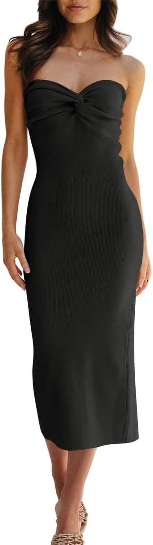 LILLUSORY Knitted Dresses Twisted Front Bodycon Dress with Back Slit (Small, Black)