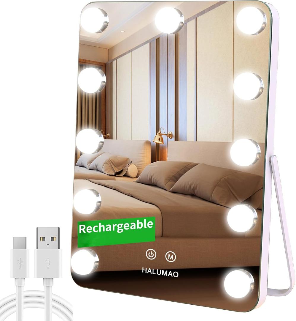halumao Vanity Mirror with Lights, Rechargeable Makeup Mirror, 14.6" Lighted Makeup Mirror for Dressing Room & Bedroom，Memory Function