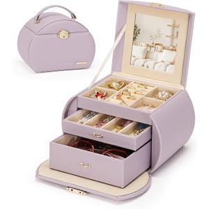 Homde Girls Jewelry Box Jewelry Storage Case Organizer Faux Leather with Mirror for Rings, Earrings, Bracelets, Necklaces (Grey Purple)