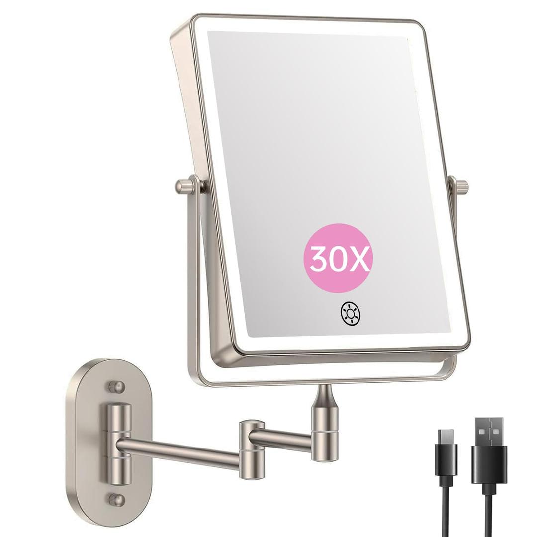 FASCINATE 5000mAh Rechargeable Wall Mounted Makeup Mirror, Bathroom Mirror Rectangle 8.7" Double Sided Touch Switch 1X 30X Magnifying, 3 Color Setting, Extended Arm 360 Swivel Foldable Nickel