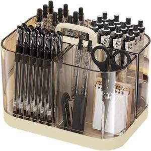 Stackable Caddy Organizer with Handle, Transparent Portable Desk Caddy for Art Craft Supplies, Office, Stationery, Pen Pencil Holder, Kitchen, Utensil, Makeup Organizer (Beige)