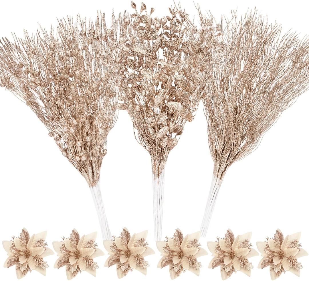 30 Pcs Christmas Tree Picks and Sprays Decorations, Champagne Glitter Floral Twig Berry Stems Branches Artificial Poinsettias for Home Christmas Tree Ornaments Wedding Holiday Xmas Party DIY Decor