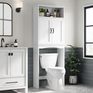 Over The Toilet Storage Cabinet, Over Toilet Storage Bathroom Organizer with Inner Adjustable Shelf and Top Open Storage Above The Toilet Storage Cabinet Behind Toilet Bathroom Cabinet, White, 68"H x 25.2"W x 8.25"D