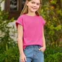 Haloumoning Girls Summer Cap Sleeve Shirts Kids Casual Cute Crewneck Tunic Tops Tees 5-14 Years, 150 (Pink)