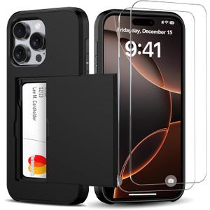 for iPhone 16 Pro Wallet Case with Card Holder + 2 Tempered Glass Screen Protector Protective Shockproof Hidden Card Slot Slim Case Women Men iPhone 16 Pro 6.3 2024 (Black)