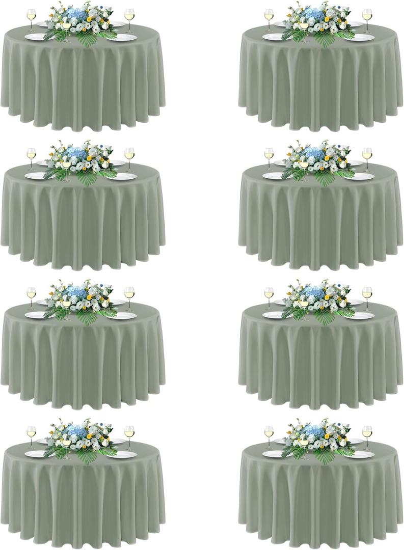 sancua Round Tablecloth 90 Inch Diameter, 8 Pack - Circle Polyester Fabric Table Cloth for Wedding Party Reception Banquet Birthday, Washable Formal Table Cover (Fit 30-72 Inch Tables), Sage Green