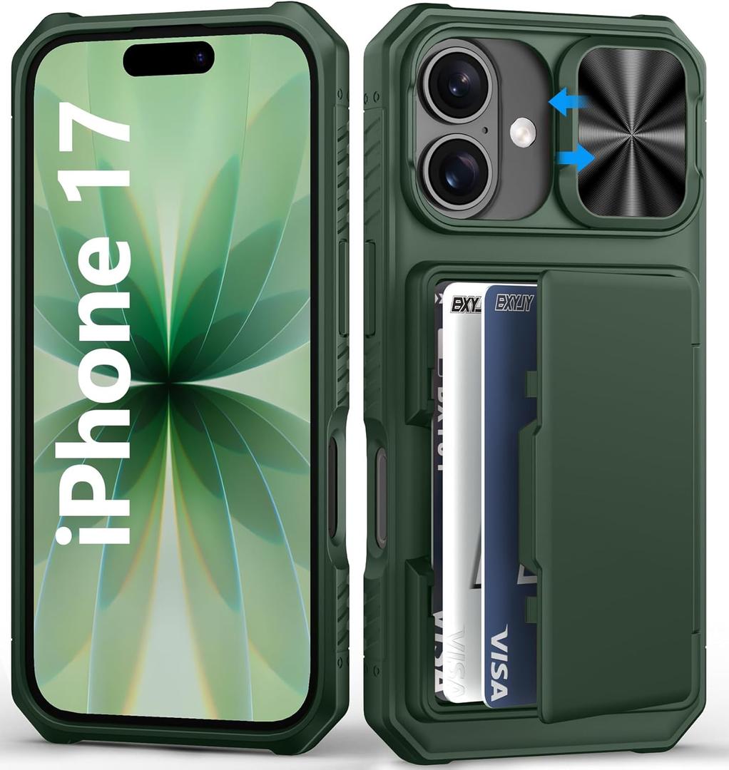 for iPhone 17 Wallet Case, Credit Card Holder (4-5 Cards), Slide Lens Cover, Military Drop Protection, Rugged Heavy Duty Shockproof Women Men Protective Phone Case for iPhone 17 6.3", Green
