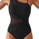 Aidonger One Shoulder One Piece Swimsuit for Women Mesh Tummy Control Bathing Suit Twist Swimwear with Removable Strap Black M