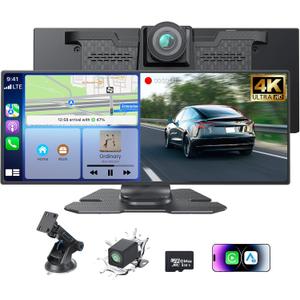 Portable CarPlay Screen for Car,Car Stereo with Apple CarPlay & Android Auto,Incell Touch Screen,4K Dash Cam,1080P Backup Camera,Mirror Link, Voice Control, Bluetooth 5.3,GPS,FM (11.26 Inch)