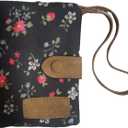 Cute Floral Waterproof Coated Oxford Cloth Women Wallet with Wrist Strap, Ladies Purse with ID Window, Zipper Coin Pocket & 11 Card Slots (Black Flower)