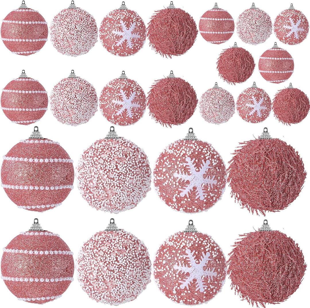 24 Pcs Glitter Christmas Tree Ornaments, Assorted Sizes Sequin Snowflake Shatterproof Christmas Ball Hanging Ornament Set for Xmas Holiday Party New Year Home Decorations(Rose Gold)