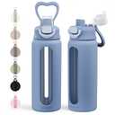 Glass Water Bottle with Silicone Sleeve 24oz with Lid, Motivational Time Marker, Drinking Hydration Glass Bottles for Men Women, Gym Travel Sports (Blue)