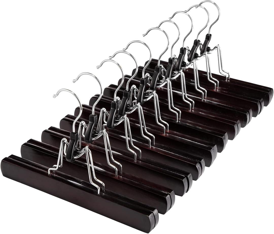 HOUSE DAY Wooden Pants Hangers 20Pack Clamp Hangers with Felt Lining Non-Slip Space Saving Wooden Skirt Hangers 360 Swivel Hook Durable Sturdy Jean Hangers (20 Pack, Brown)