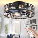 Farmhouse Rustic Ceiling Fan with Light - Bear Deer Design, 6 Speeds Black Caged Fan Lights Ceiling Fixtures and Remote Control for Living Room, Bedroom, Hallway, Entryway Lighting