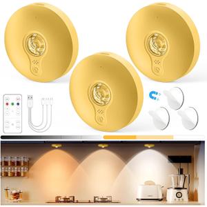 Yiliaw Rechargeable Puck Lights with Remote, 3 Pack Magnetic Under Cabinet Lighting, 1500mAh Battery Operated LED Tap Lights with Dimmer & Timmer for Kitchen, Closet, Shelf - 3 Color Temps, Gold